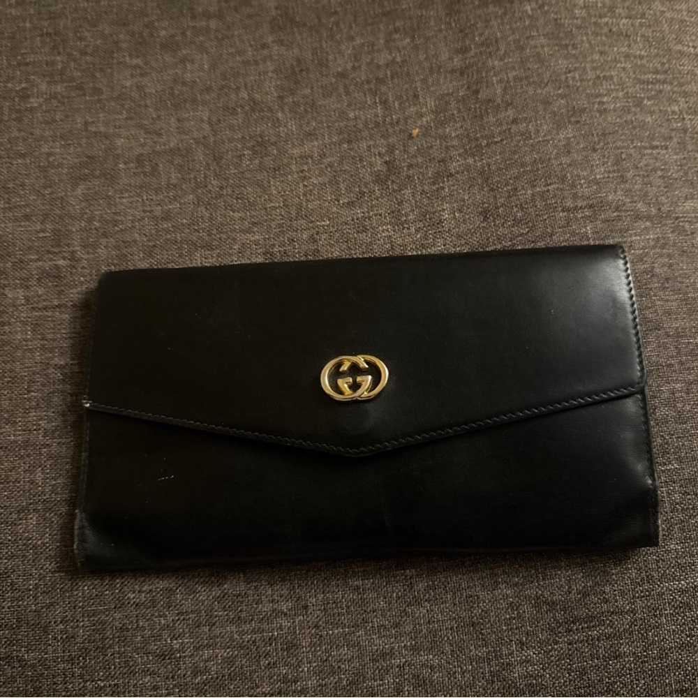 Vintage Gucci Black Leather GG Envelope Clutch